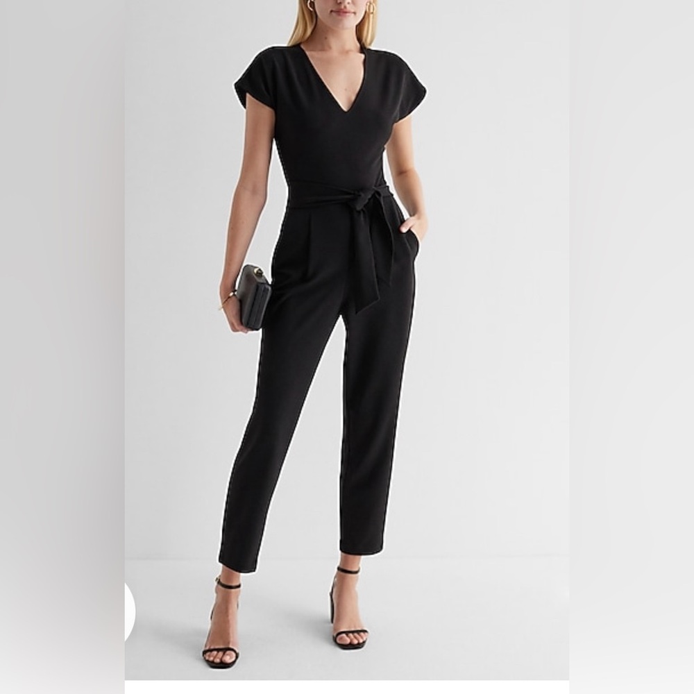 Express  V-Neck Tie Waist Straight Leg Jumpsuit- Black- NWT